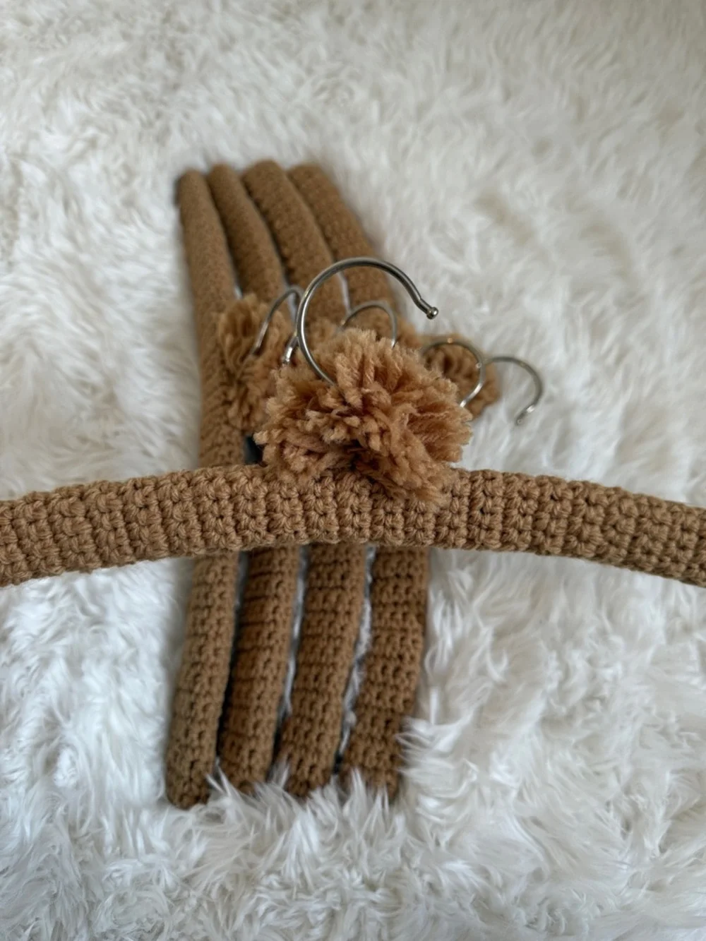Set of 5 Camel Crochet Velvet-Covered Coat Hangers with Pom Trim